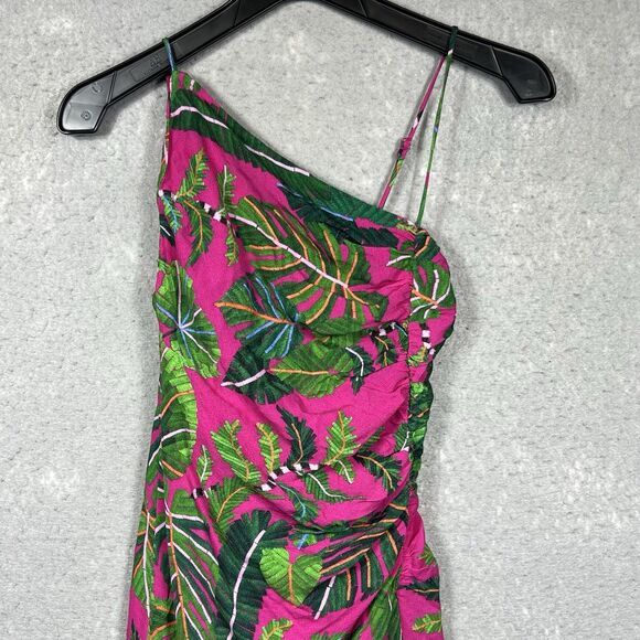 FARM RIO PINK/GREEN LEAVES ASYMMETRIC MIDI VISCOSE DRESS TROPICAL SIZE SMALL - Picture 4 of 15